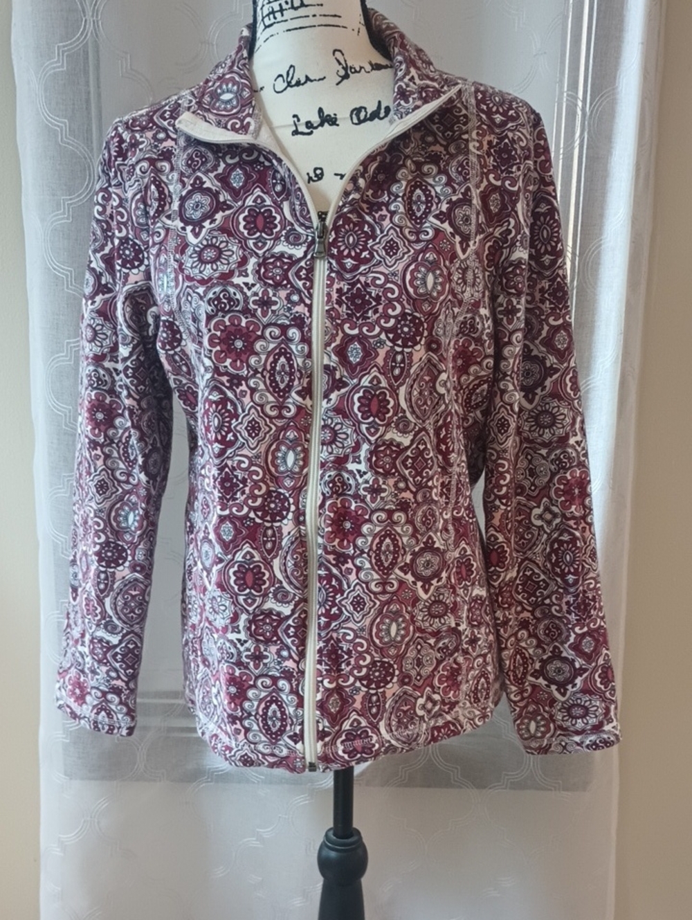 Talbots Burgundy and Cream Printed Teddy Zip Jacket